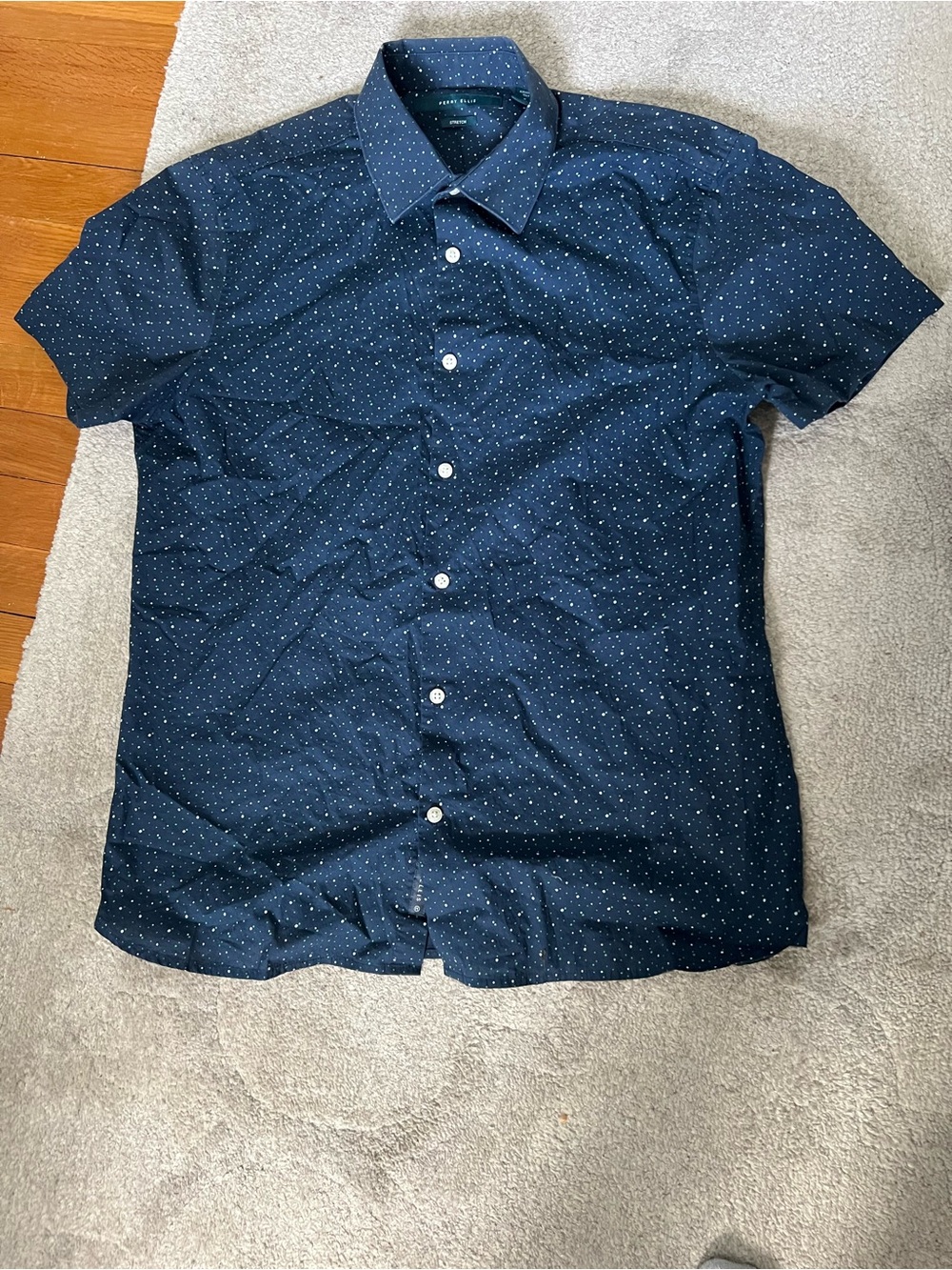 Perry Ellis Navy Short-Sleeve Button-Up with White Micro Dots